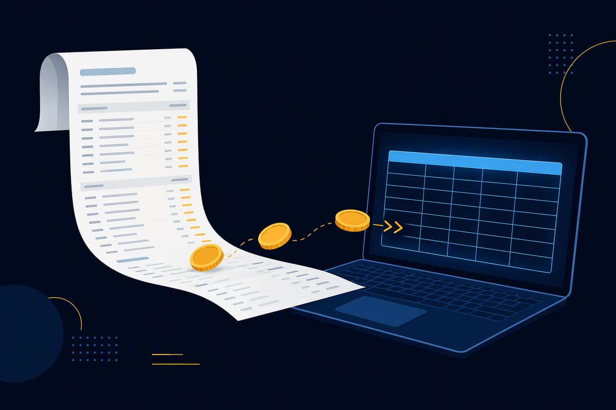 Banka ekstre rulosundan dizüstü bilgisayardaki tabloya doğru akan hareket satırları